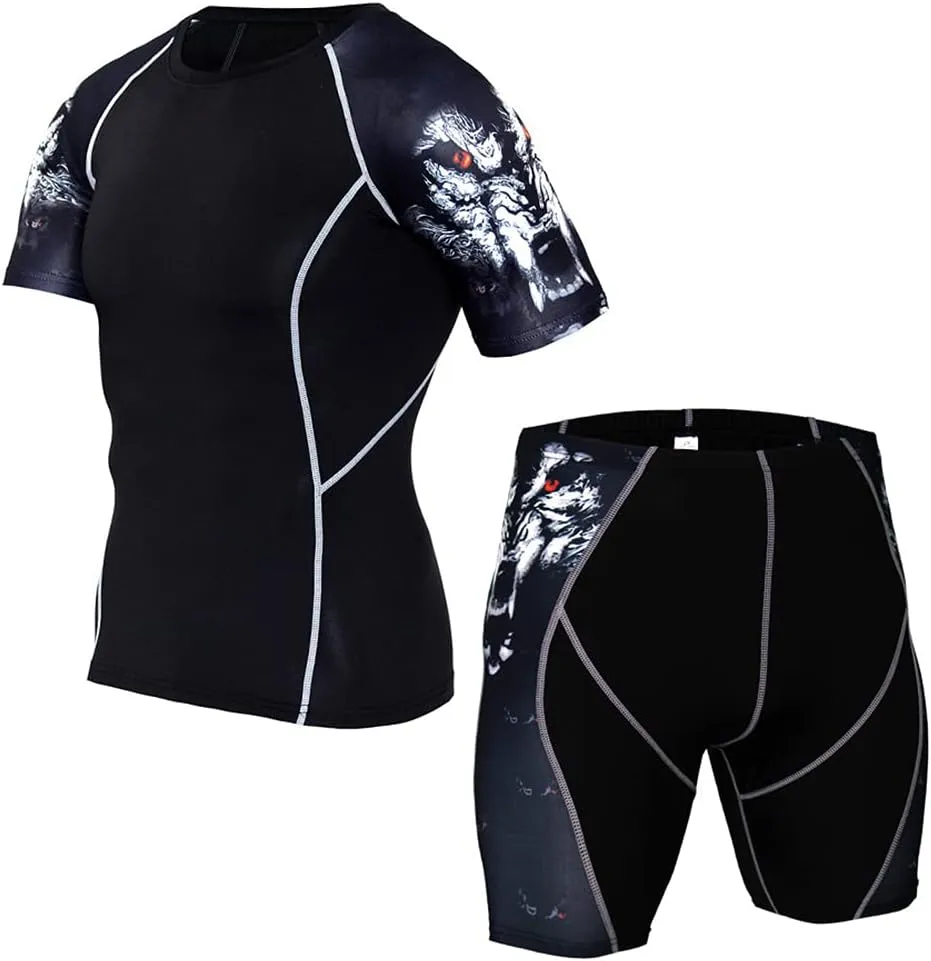 Men's Workout Set Compression Shirt & Shorts Top Shorts Sleeve Sports Base Layer Suit Quick Dry & Moisture-Wicking