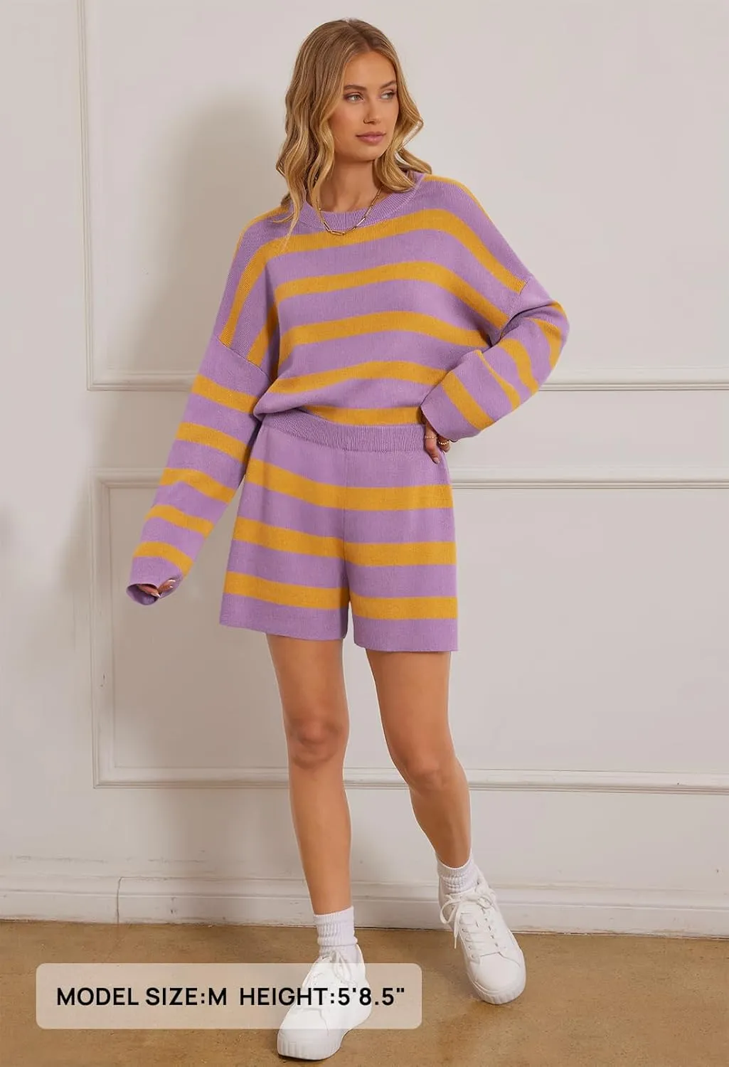 MEROKEETY Women's 2 Piece Sweater Lounge Sets Striped Long Sleeve Shorts Oversized Matching Outfits