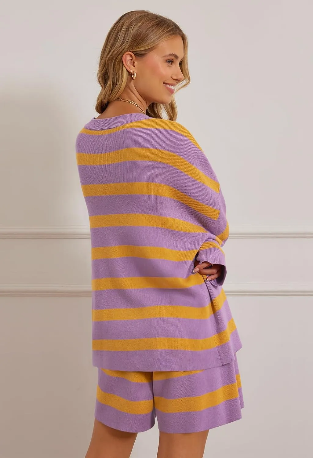 MEROKEETY Women's 2 Piece Sweater Lounge Sets Striped Long Sleeve Shorts Oversized Matching Outfits
