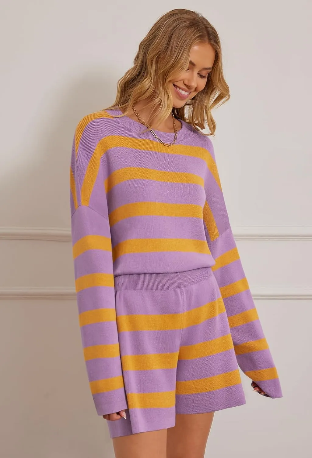 MEROKEETY Women's 2 Piece Sweater Lounge Sets Striped Long Sleeve Shorts Oversized Matching Outfits