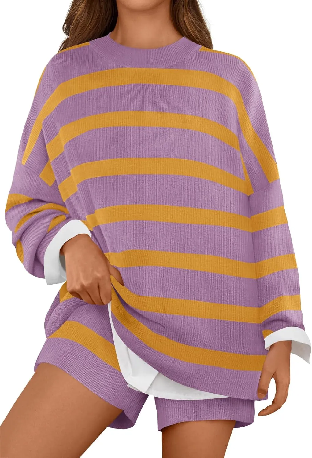 MEROKEETY Women's 2 Piece Sweater Lounge Sets Striped Long Sleeve Shorts Oversized Matching Outfits