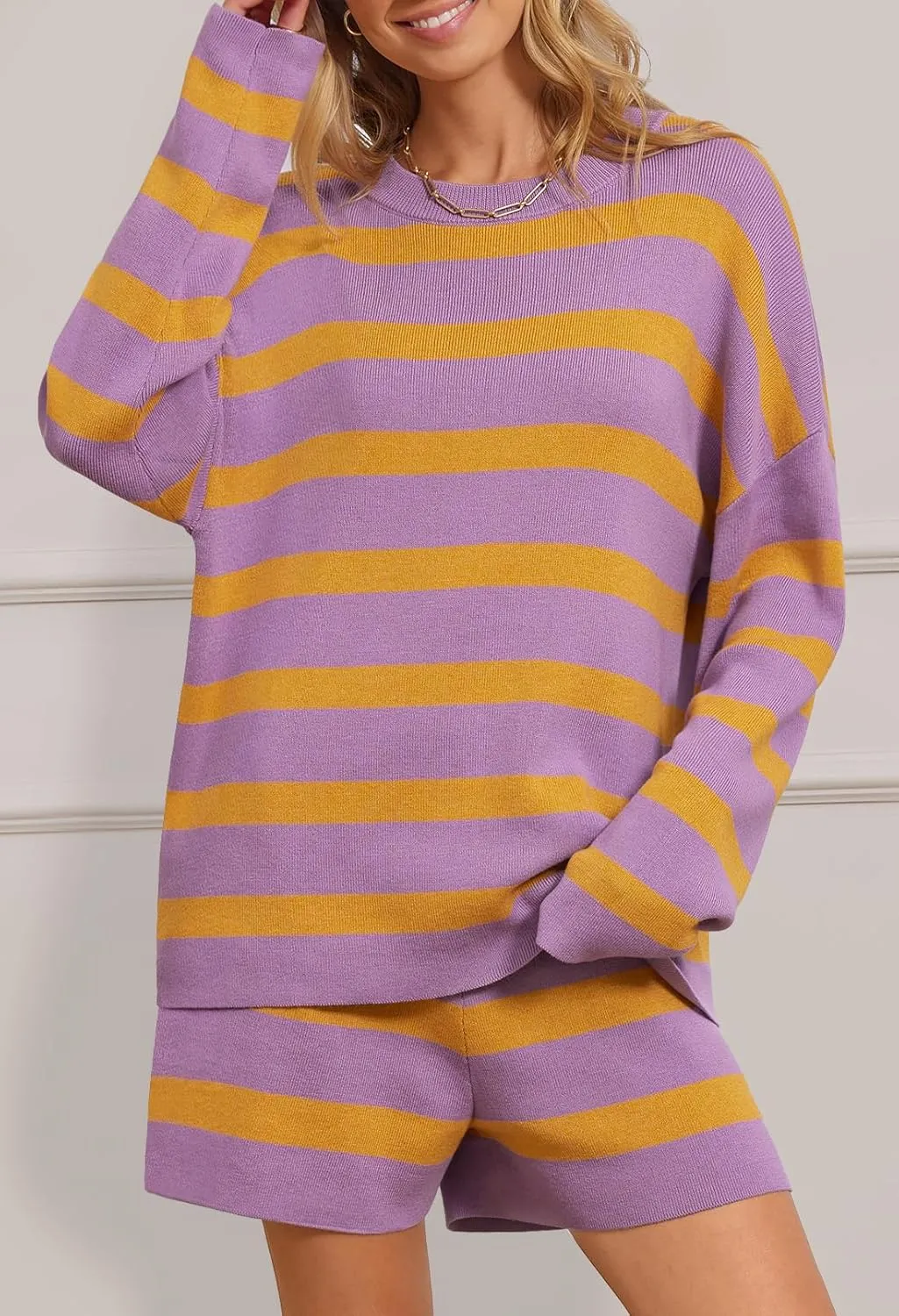 MEROKEETY Women's 2 Piece Sweater Lounge Sets Striped Long Sleeve Shorts Oversized Matching Outfits
