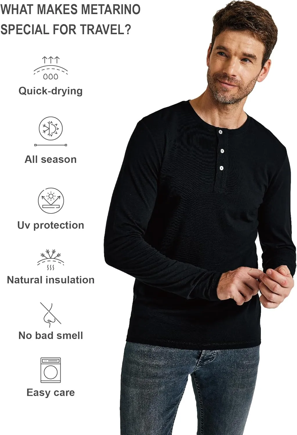 METARINO Men's Merino Wool Henley T-Shirt Long Sleeve Button Shirts Athletic Shirt Tees Tops for Travel,Cycling,Running
