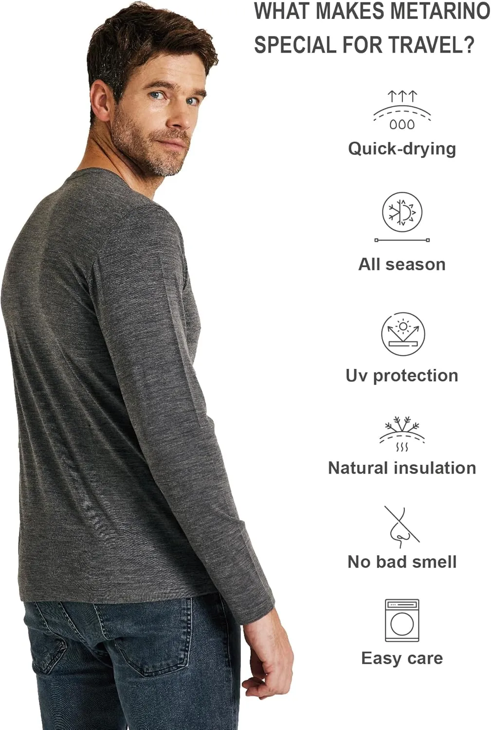 METARINO Men's Merino Wool Henley T-Shirt Long Sleeve Button Shirts Athletic Shirt Tees Tops for Travel,Cycling,Running