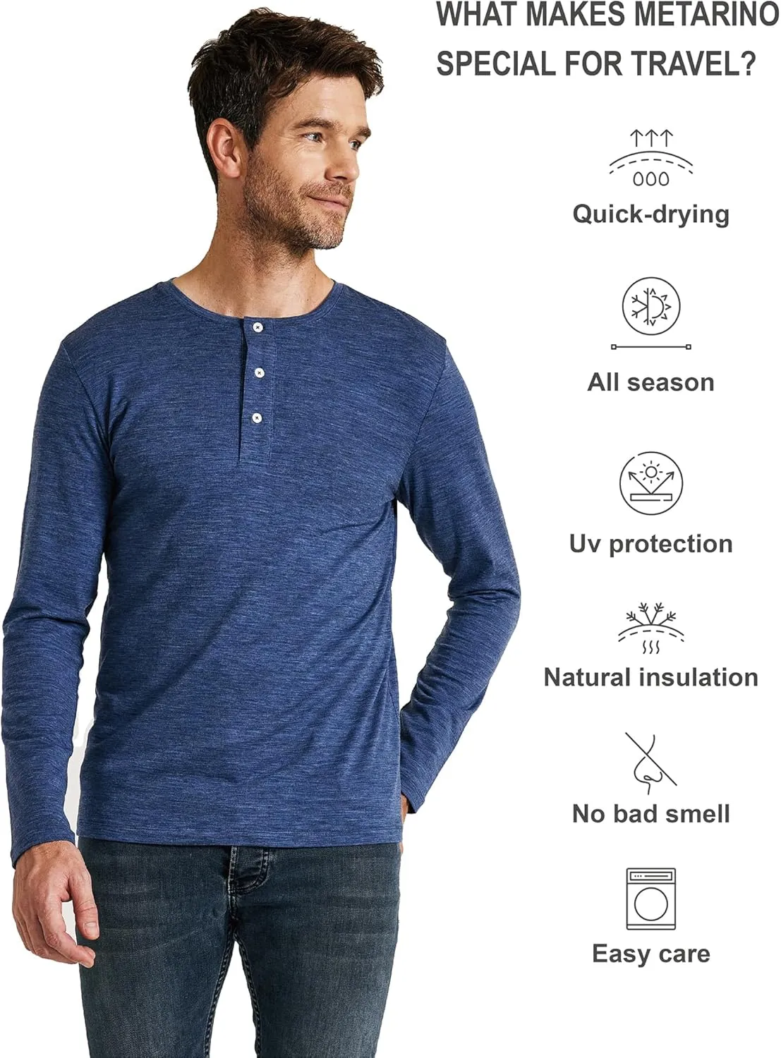 METARINO Men's Merino Wool Henley T-Shirt Long Sleeve Button Shirts Athletic Shirt Tees Tops for Travel,Cycling,Running
