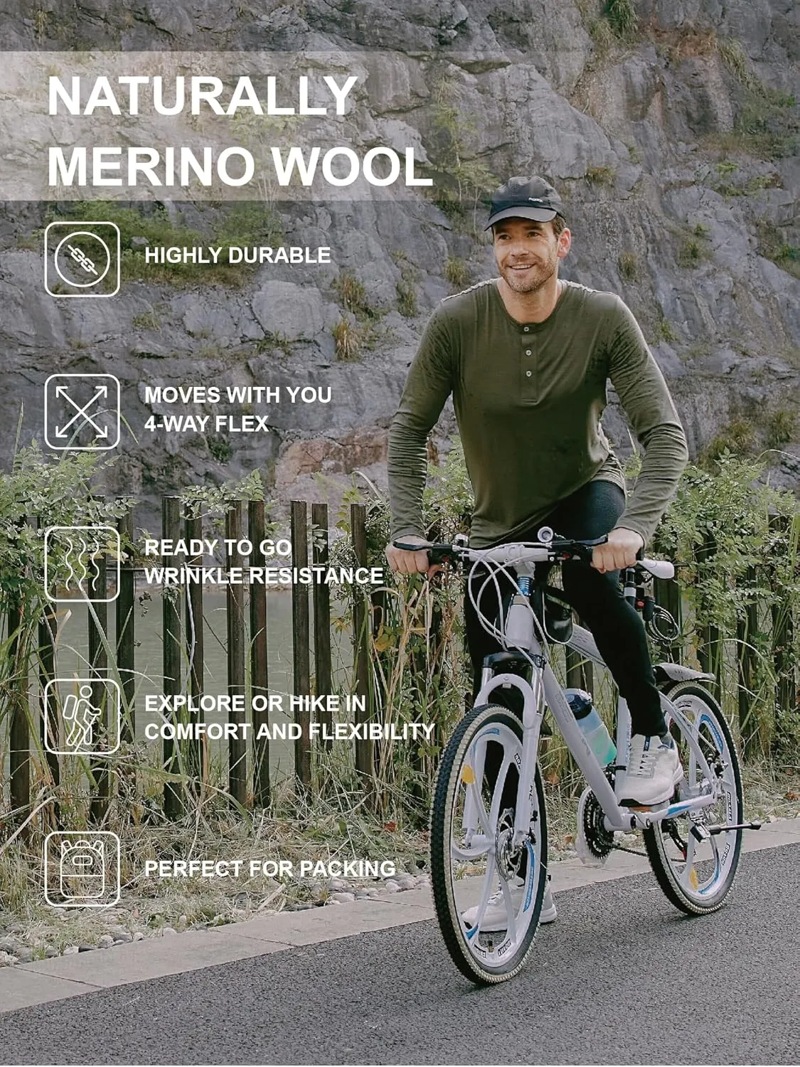 METARINO Men's Merino Wool Henley T-Shirt Long Sleeve Button Shirts Athletic Shirt Tees Tops for Travel,Cycling,Running