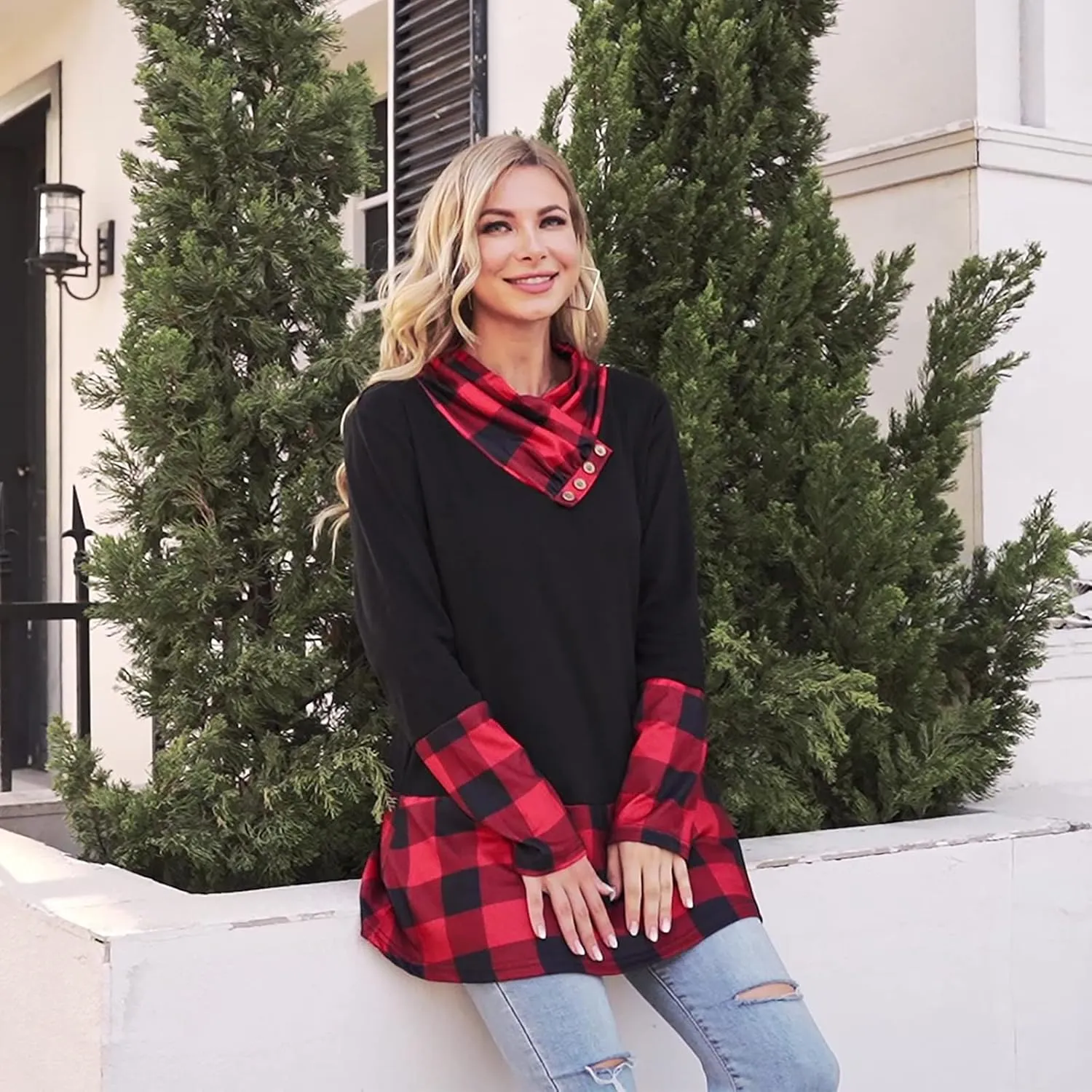 Miusey Women's Long Sleeve Cowl Neck Form Fitting Casual Tunic Top Blouse