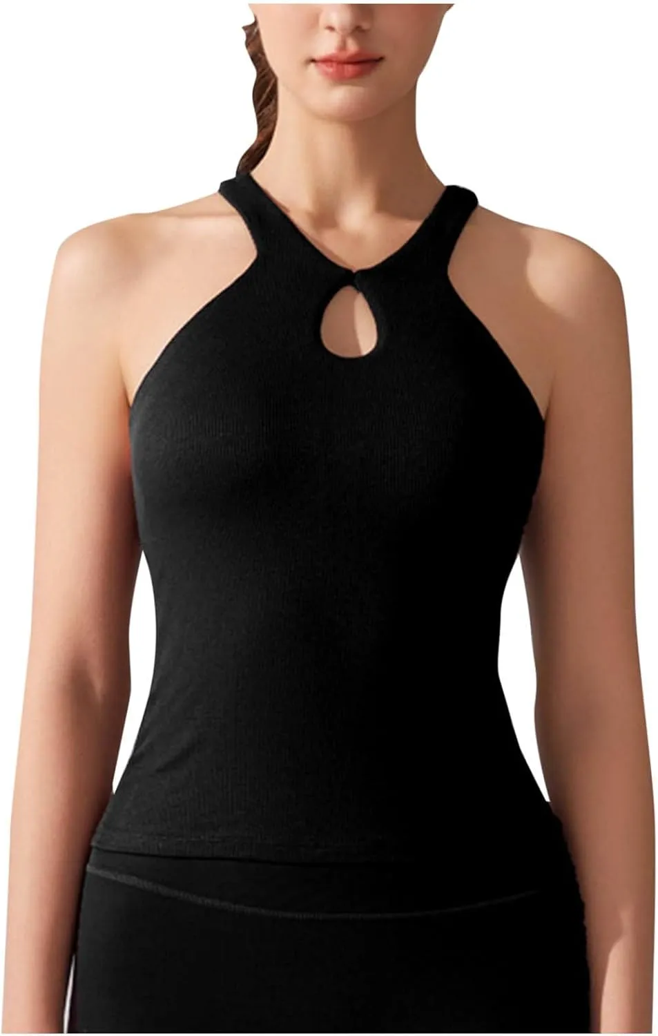 Modal Ribbed Knit Racerback Basic Gym Tanks Women Sexy Keyhole Halter Tank Tops Sleeveless Slim Activewear Basic Tees