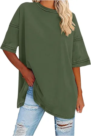 Oversized Tshirts for Women Patchwork Side Slit Summer Tops Casual Crewneck Short Sleeve Shirts Loose Fit Blouses
