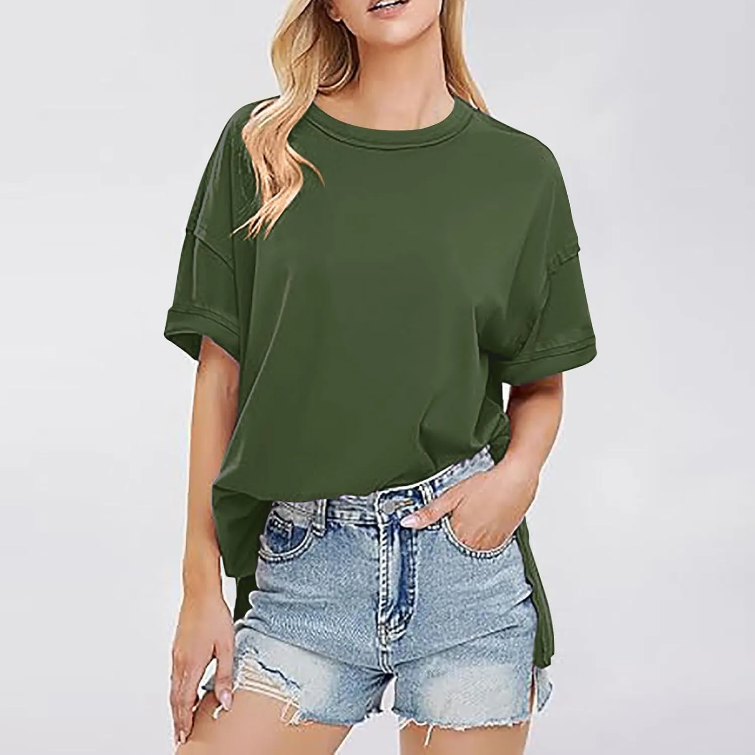 Oversized Tshirts for Women Patchwork Side Slit Summer Tops Casual Crewneck Short Sleeve Shirts Loose Fit Blouses