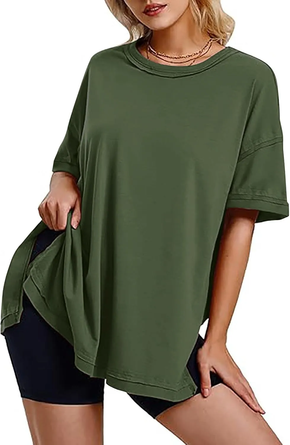 Oversized Tshirts for Women Patchwork Side Slit Summer Tops Casual Crewneck Short Sleeve Shirts Loose Fit Blouses
