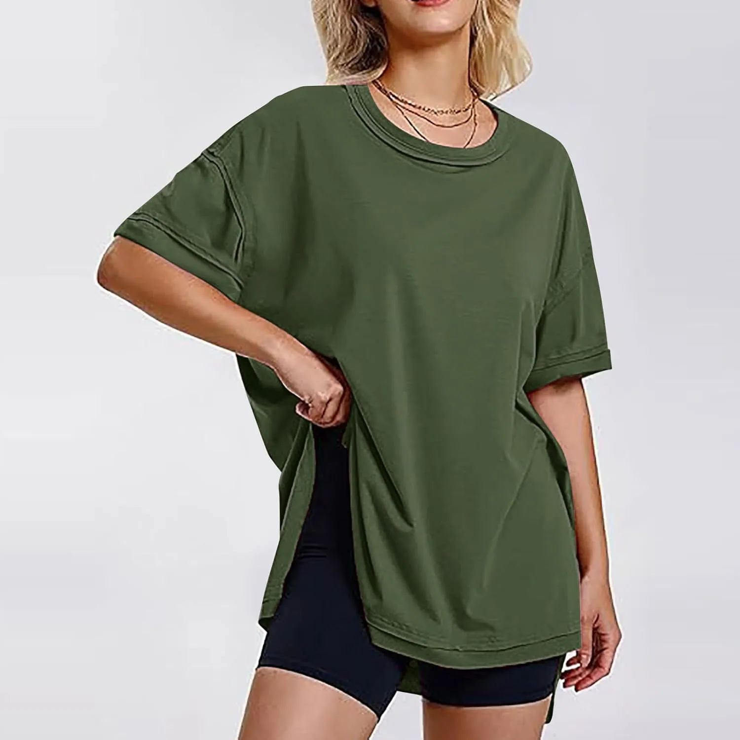 Oversized Tshirts for Women Patchwork Side Slit Summer Tops Casual Crewneck Short Sleeve Shirts Loose Fit Blouses