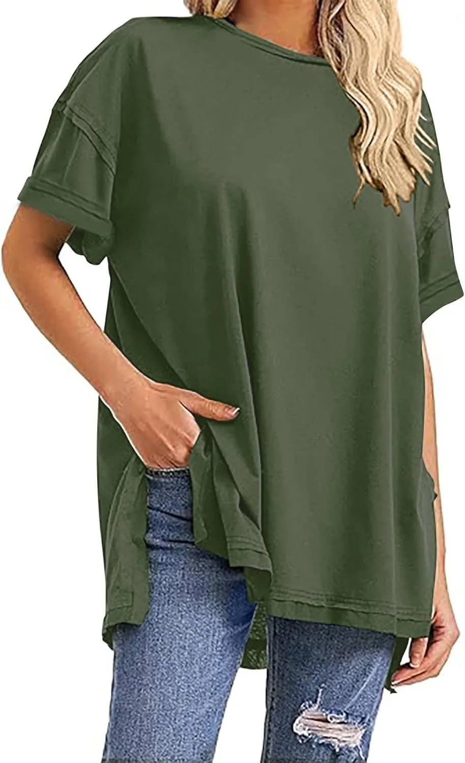 Oversized Tshirts for Women Patchwork Side Slit Summer Tops Casual Crewneck Short Sleeve Shirts Loose Fit Blouses