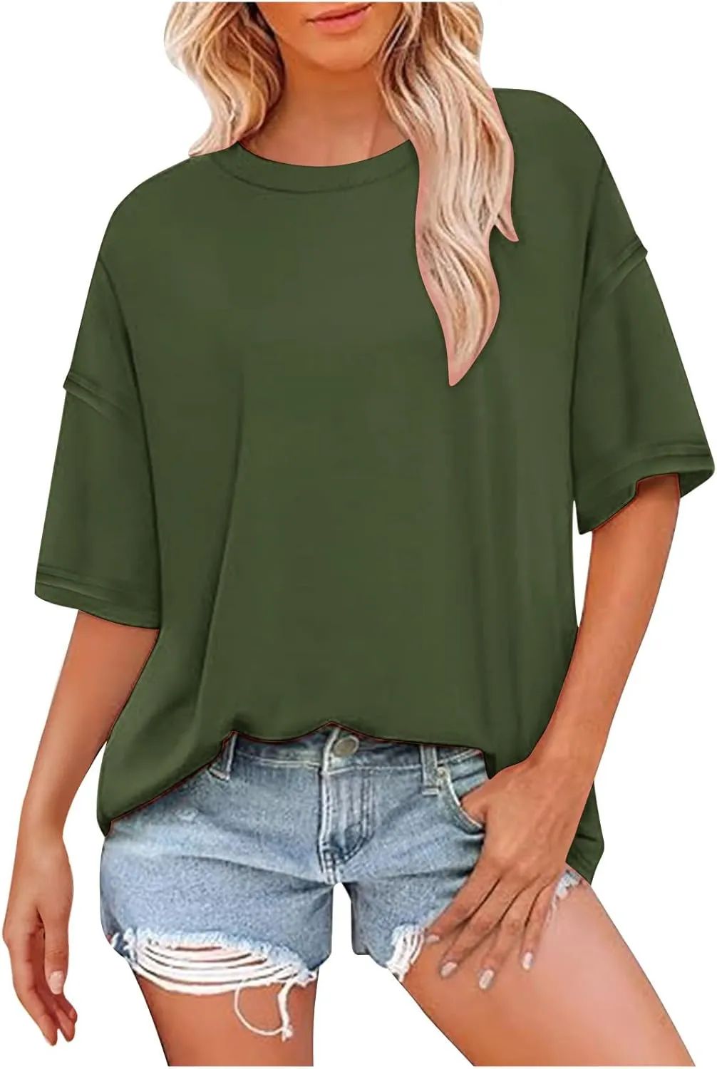 Oversized Tshirts for Women Patchwork Side Slit Summer Tops Casual Crewneck Short Sleeve Shirts Loose Fit Blouses