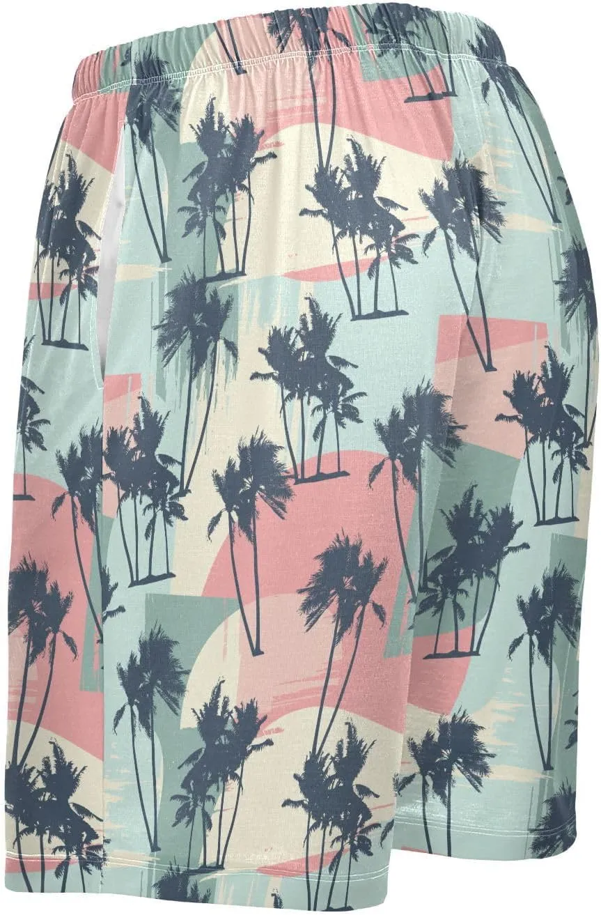 Pajama Shorts for Men Palm Leaf Summer Pajama Pants with Pocket Pjs Bottoms Sleep Shorts