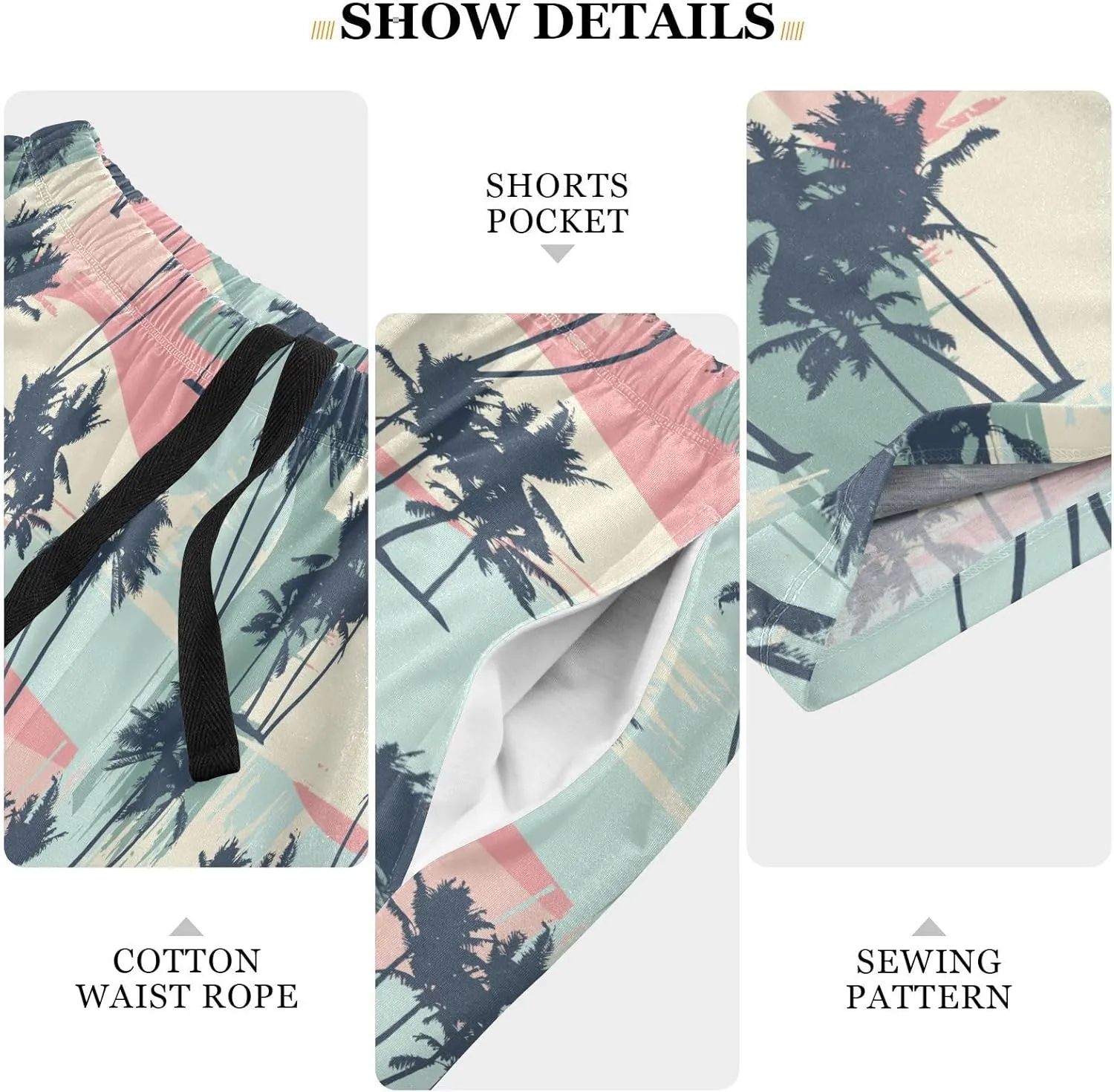 Pajama Shorts for Men Palm Leaf Summer Pajama Pants with Pocket Pjs Bottoms Sleep Shorts