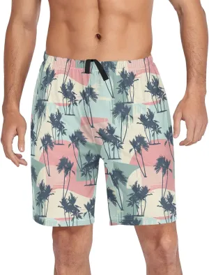 Pajama Shorts for Men Palm Leaf Summer Pajama Pants with Pocket Pjs Bottoms Sleep Shorts