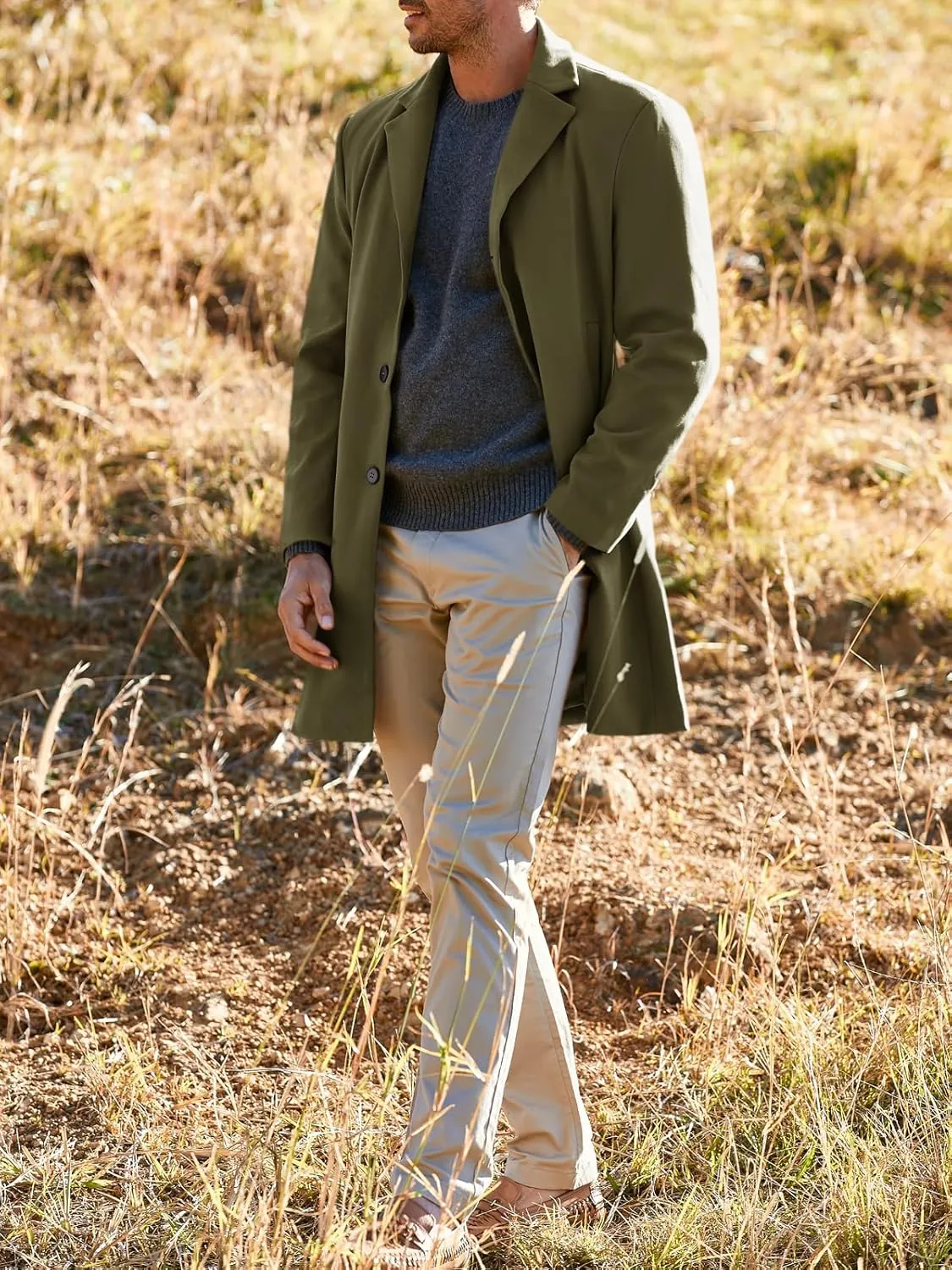 PASLTER Mens Trench Coat Slim Fit Notched Collar Fall Winter Single Breasted Pea Coat Warm Soft Overcoat