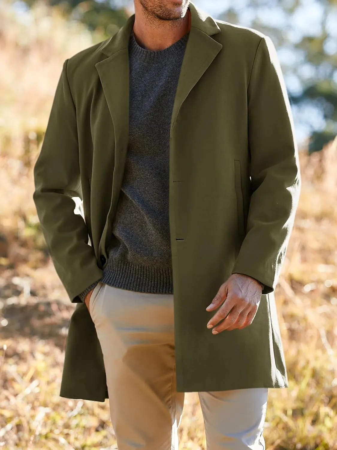 PASLTER Mens Trench Coat Slim Fit Notched Collar Fall Winter Single Breasted Pea Coat Warm Soft Overcoat