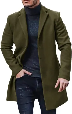 PASLTER Mens Trench Coat Slim Fit Notched Collar Fall Winter Single Breasted Pea Coat Warm Soft Overcoat