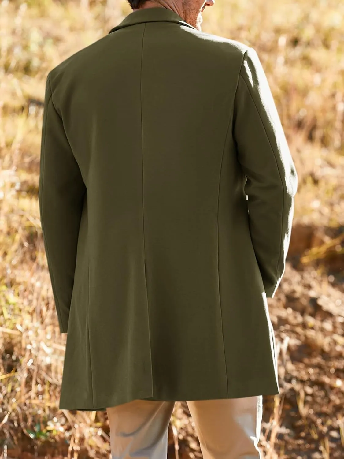 PASLTER Mens Trench Coat Slim Fit Notched Collar Fall Winter Single Breasted Pea Coat Warm Soft Overcoat