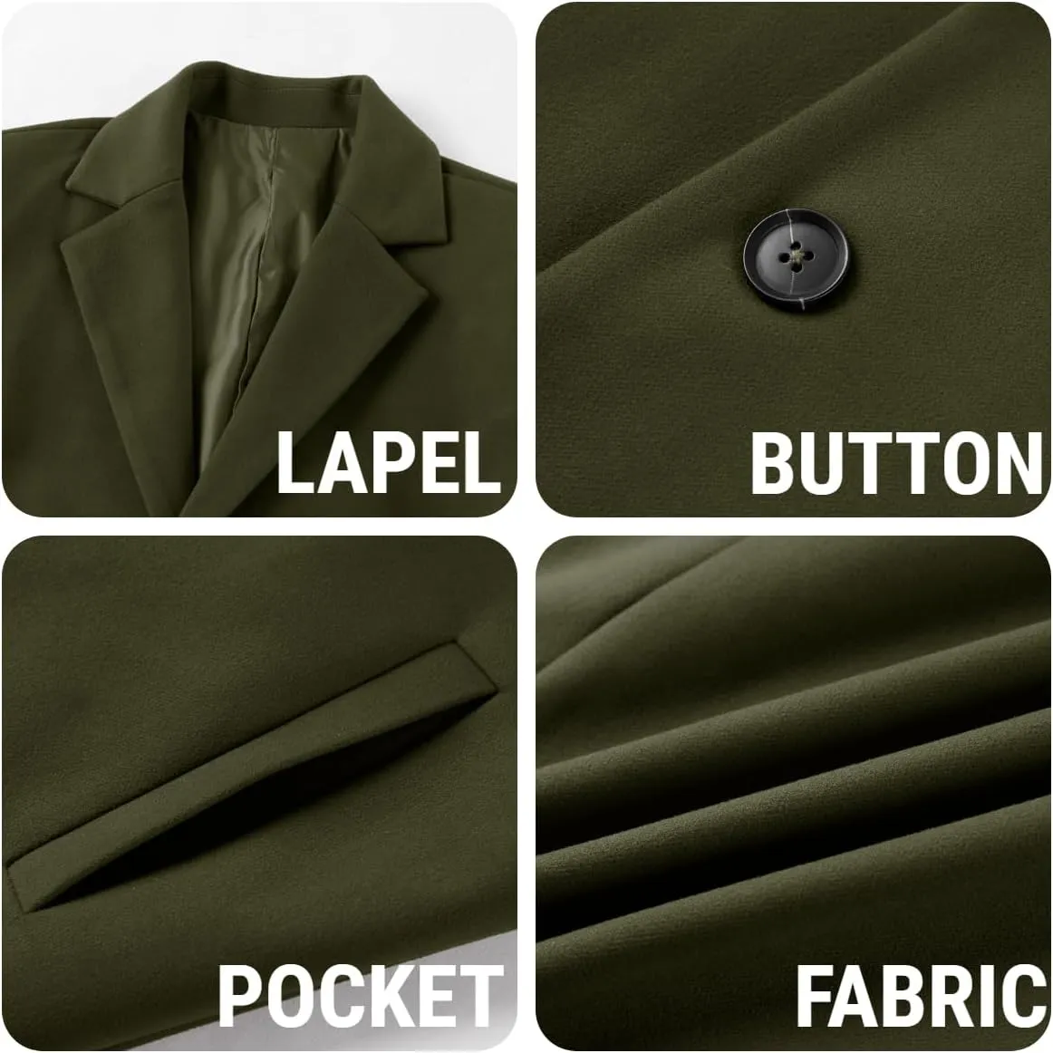 PASLTER Mens Trench Coat Slim Fit Notched Collar Fall Winter Single Breasted Pea Coat Warm Soft Overcoat