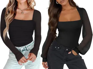 PINKMSTYLE Womens Square Neck Long Sleeve Bodysuit Tops 2 Piece-Size of Large