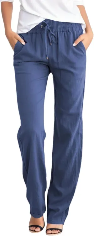 Plus Size Womens Pants Linen Drawstring Casual Summer Pants Woman Relax Fit Comfortable Beach Trousers with Pockets