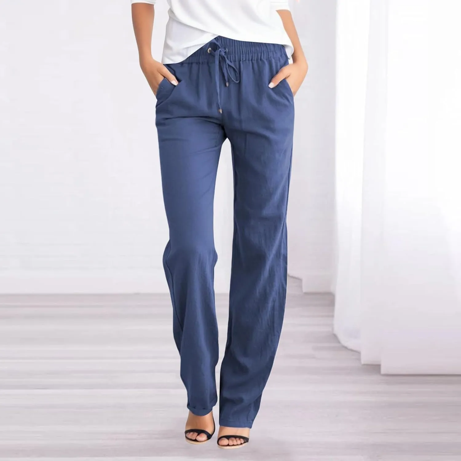 Plus Size Womens Pants Linen Drawstring Casual Summer Pants Woman Relax Fit Comfortable Beach Trousers with Pockets