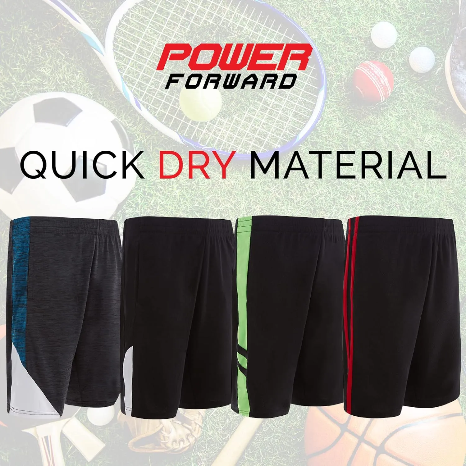Power Forward 4 Pack: Boys Youth Athletic Active Performance Sports Workout Basketball Lightweight Gym Shorts