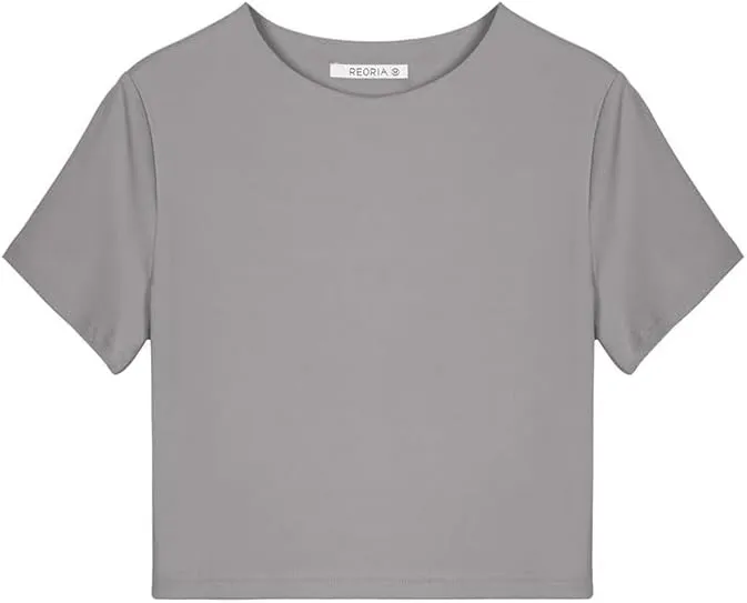 REORIA Butsmooth® Women's Basic Cute Short Sleeve High Neck Double Lined Tight T Shirts Crop Tops Tees