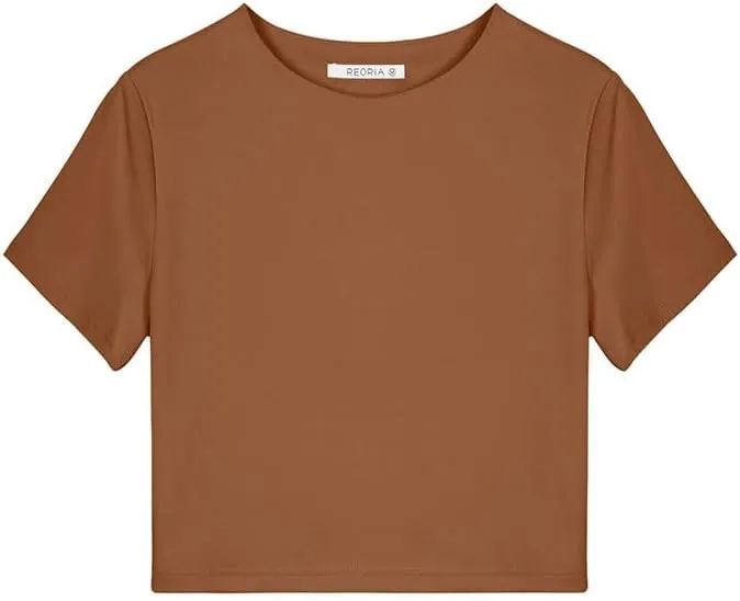 REORIA Butsmooth® Women's Basic Cute Short Sleeve High Neck Double Lined Tight T Shirts Crop Tops Tees
