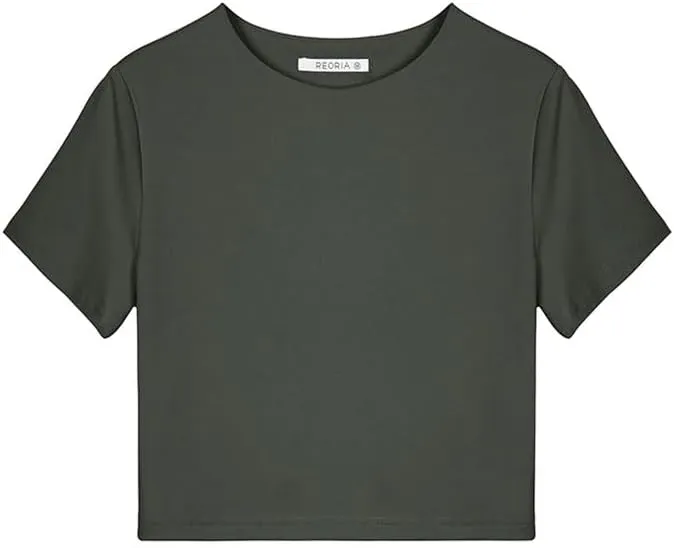 REORIA Butsmooth® Women's Basic Cute Short Sleeve High Neck Double Lined Tight T Shirts Crop Tops Tees