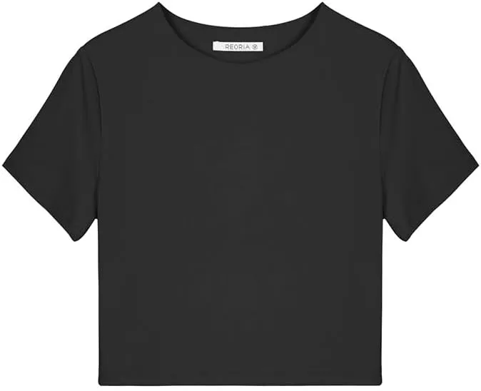 REORIA Butsmooth® Women's Basic Cute Short Sleeve High Neck Double Lined Tight T Shirts Crop Tops Tees