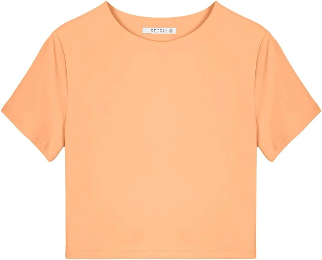 REORIA Butsmooth® Women's Basic Cute Short Sleeve High Neck Double Lined Tight T Shirts Crop Tops Tees