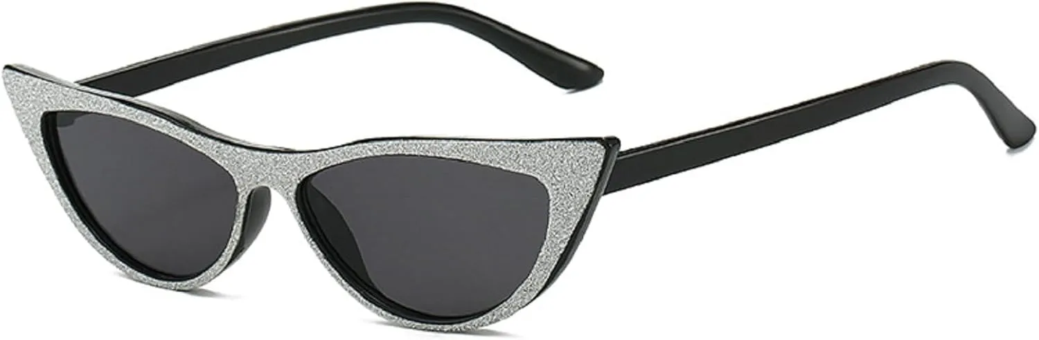 Retro Sparkling Cat Eye Sunglasses for Women Men Small 90s Style Trendy Vintage Narrow bling bling Frame