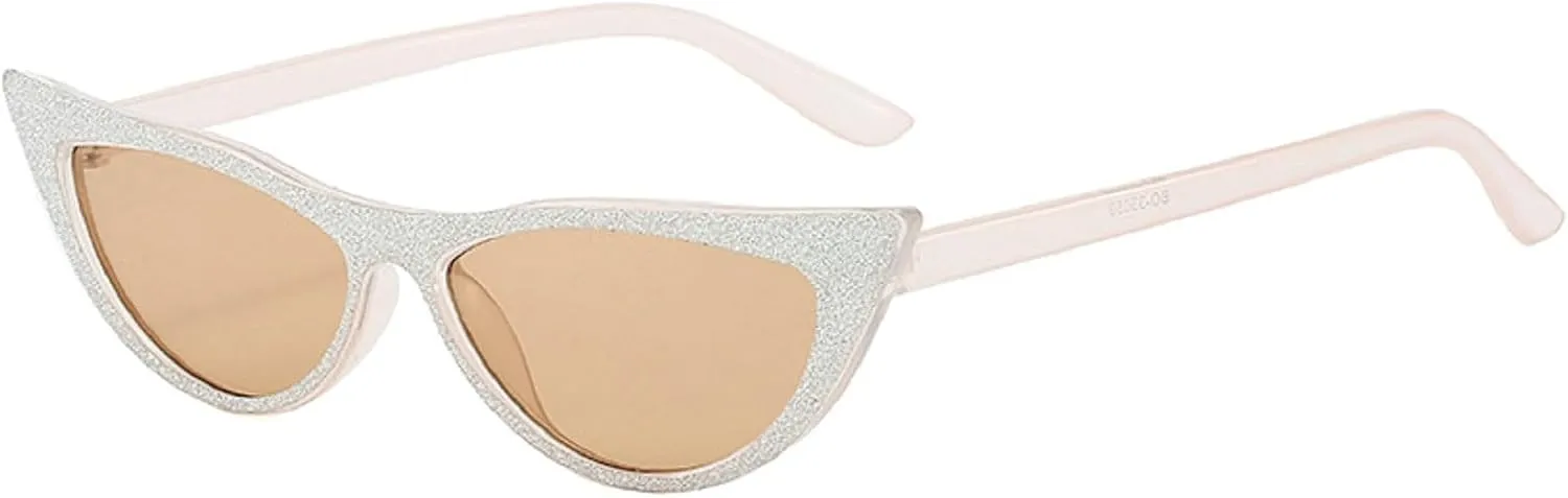 Retro Sparkling Cat Eye Sunglasses for Women Men Small 90s Style Trendy Vintage Narrow bling bling Frame