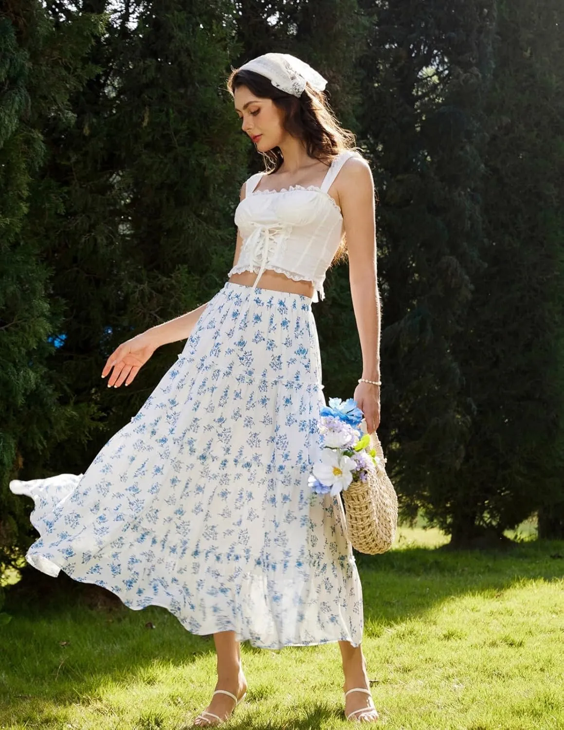 Scarlet Darkness Summer Skirts for Women Maxi Long Floral Skirt Flowy Tiered Renaissance Skirt