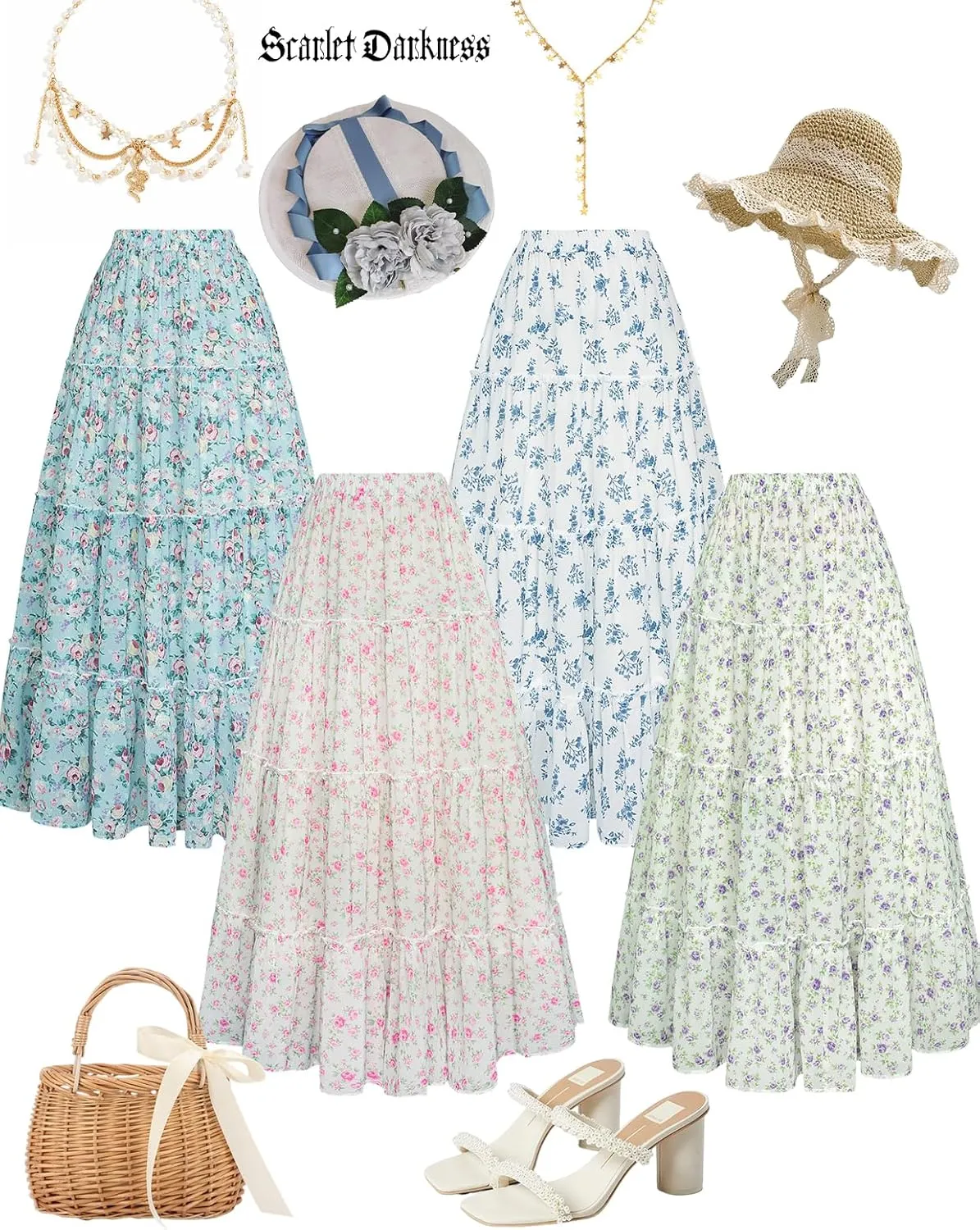 Scarlet Darkness Summer Skirts for Women Maxi Long Floral Skirt Flowy Tiered Renaissance Skirt