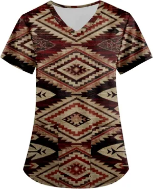 Segaven Womens Scrub Tops Trendy Print V Neck Nursing Tops Casual Short Sleeve Working Uniform With Pockets