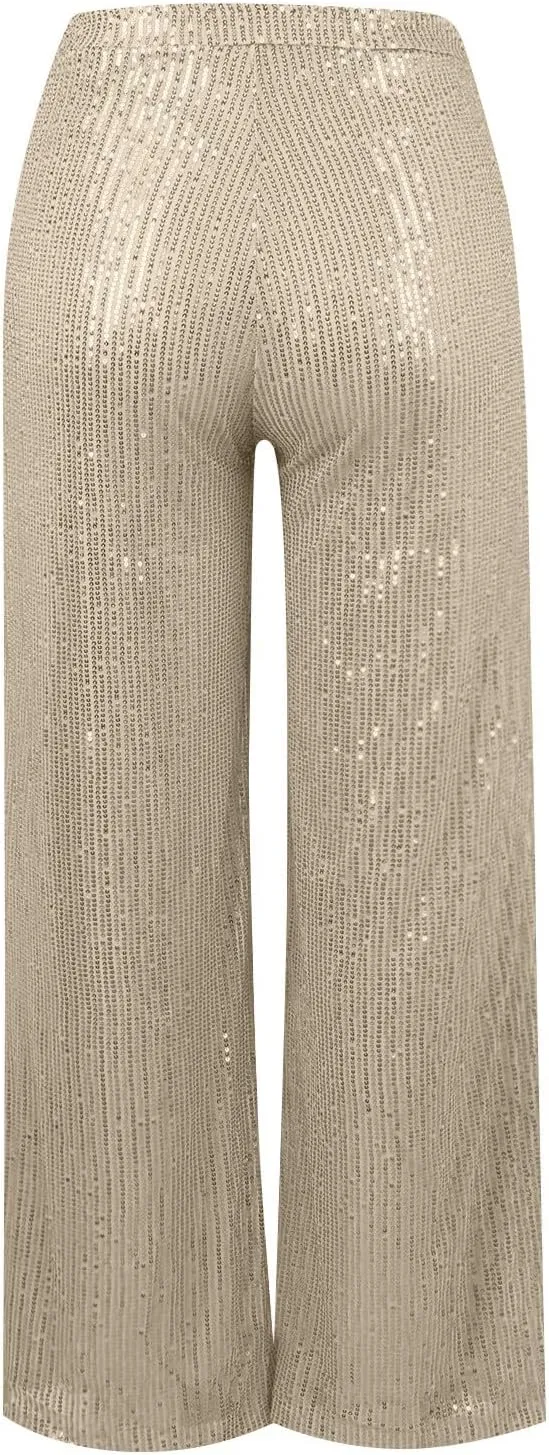 Sequin Pants Women Fashion High Waist Pant Sparkly Wide Leg Trousers Elastic Loose Side Zipper Shiny Pants