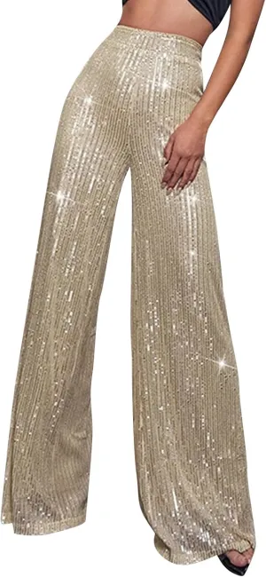 Sequin Pants Women Fashion High Waist Pant Sparkly Wide Leg Trousers Elastic Loose Side Zipper Shiny Pants