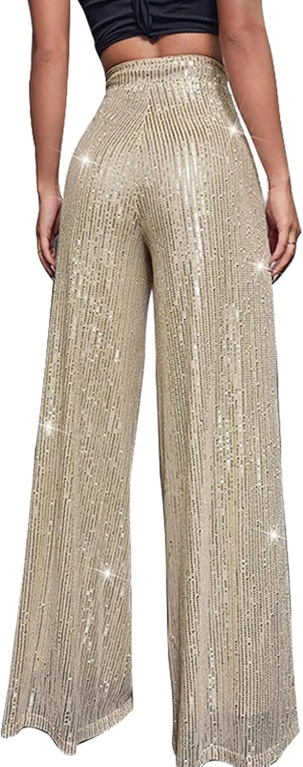 Sequin Pants Women Fashion High Waist Pant Sparkly Wide Leg Trousers Elastic Loose Side Zipper Shiny Pants