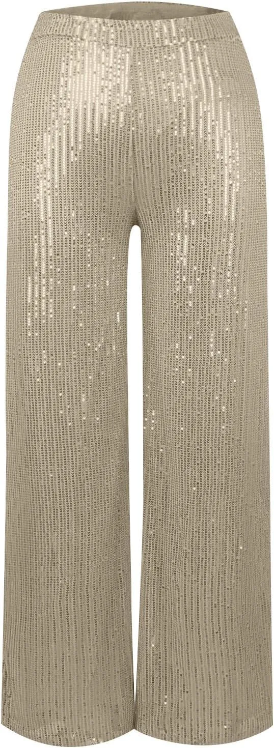 Sequin Pants Women Fashion High Waist Pant Sparkly Wide Leg Trousers Elastic Loose Side Zipper Shiny Pants