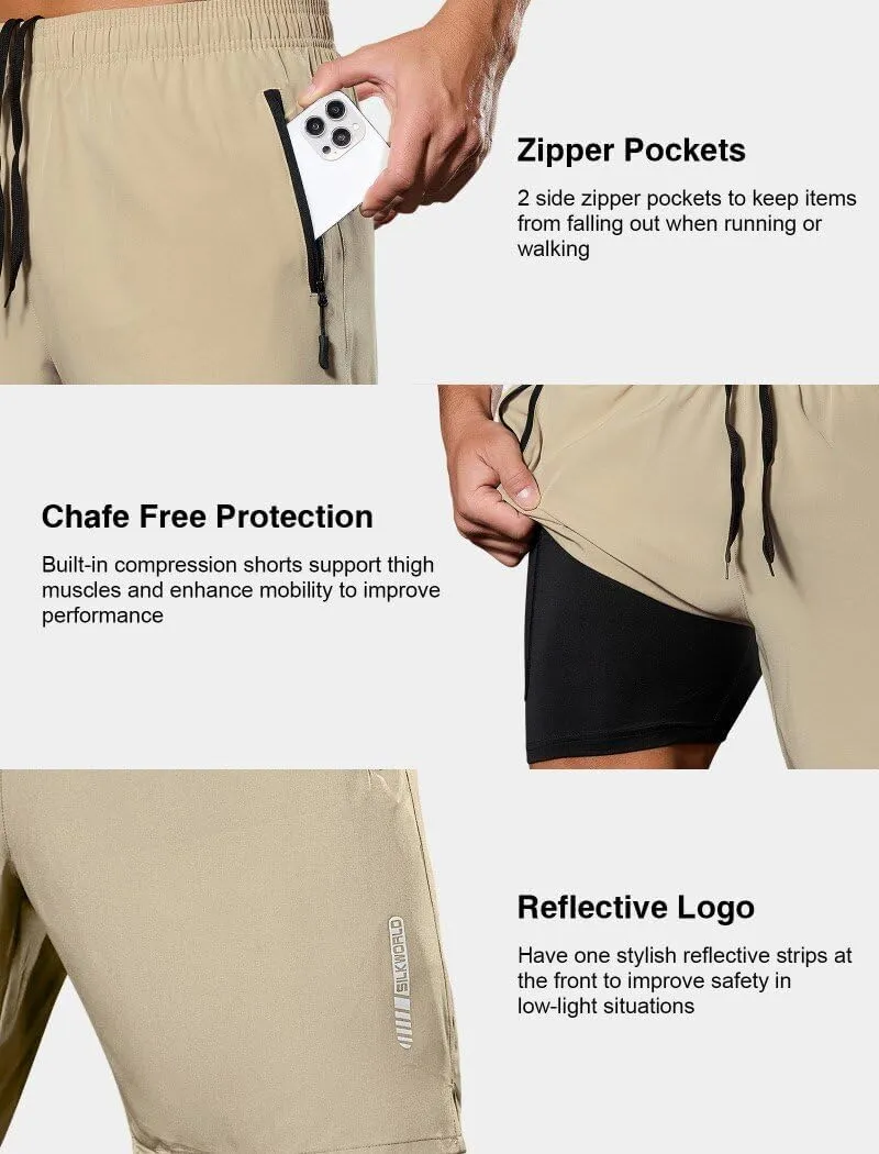 SILKWORLD Quick Dry Men's 2 in 1 Running Shorts with Zip Pocket 7" Workout Gym Athletic Shorts Lightweight Training Shorts