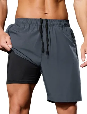 SILKWORLD Quick Dry Men's 2 in 1 Running Shorts with Zip Pocket 7" Workout Gym Athletic Shorts Lightweight Training Shorts