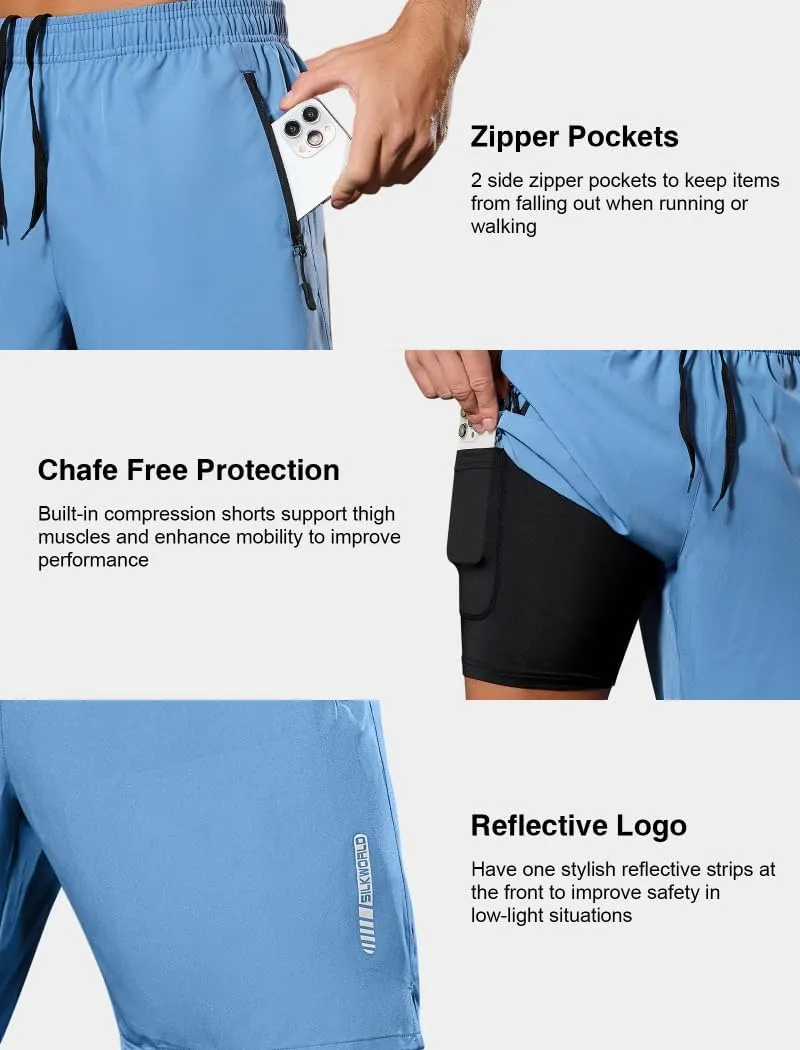 SILKWORLD Quick Dry Men's 2 in 1 Running Shorts with Zip Pocket 7" Workout Gym Athletic Shorts Lightweight Training Shorts