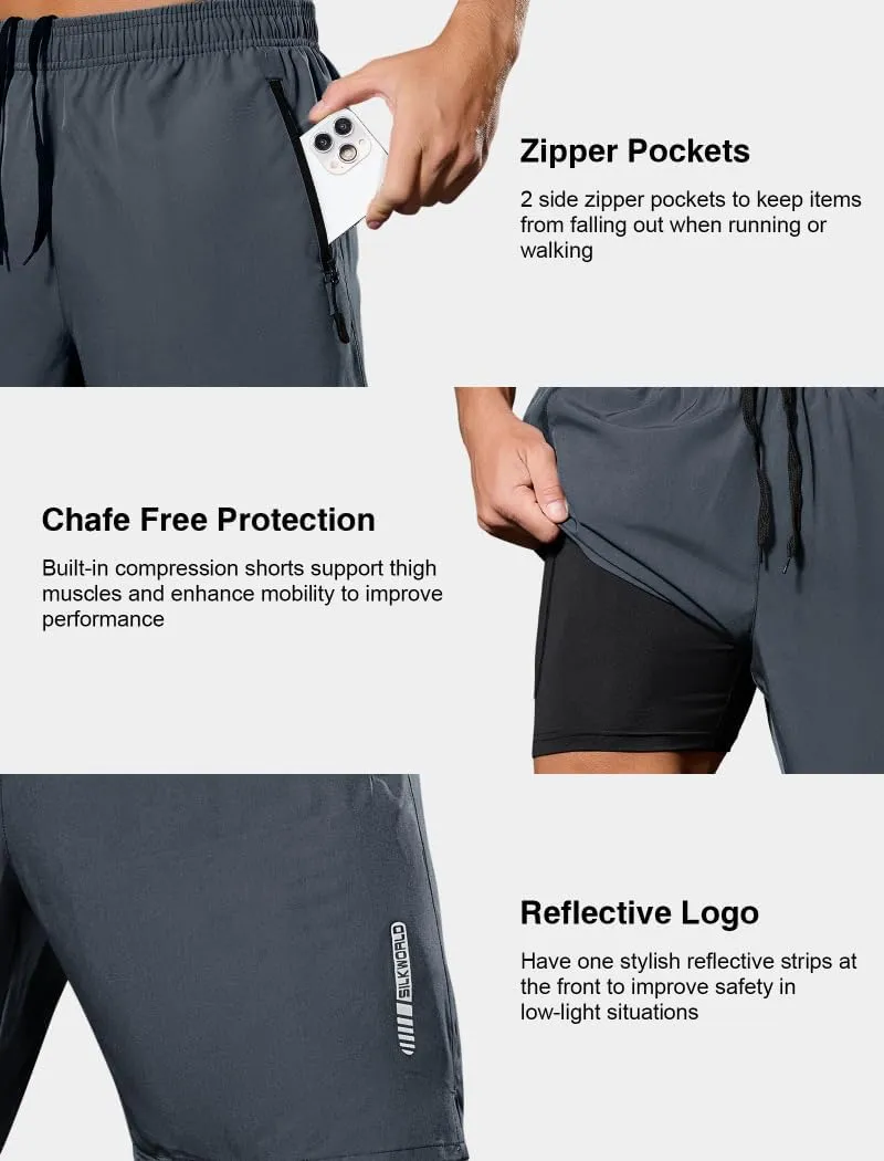 SILKWORLD Quick Dry Men's 2 in 1 Running Shorts with Zip Pocket 7" Workout Gym Athletic Shorts Lightweight Training Shorts
