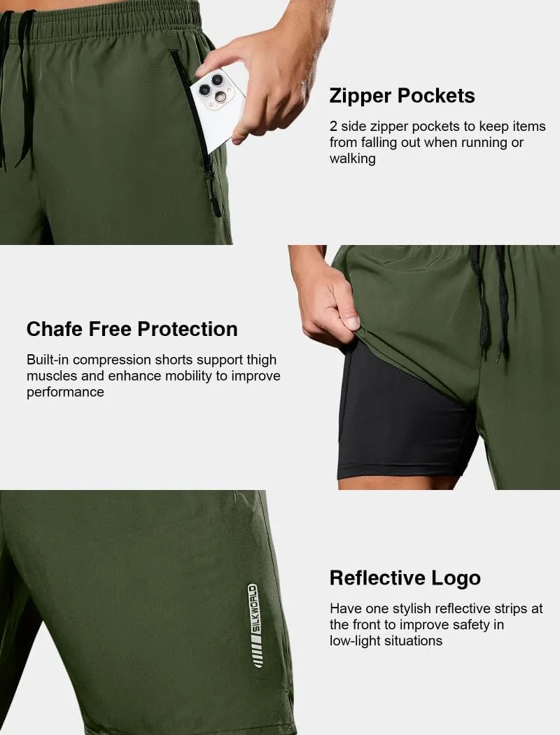 SILKWORLD Quick Dry Men's 2 in 1 Running Shorts with Zip Pocket 7" Workout Gym Athletic Shorts Lightweight Training Shorts