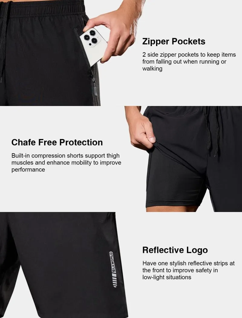 SILKWORLD Quick Dry Men's 2 in 1 Running Shorts with Zip Pocket 7" Workout Gym Athletic Shorts Lightweight Training Shorts
